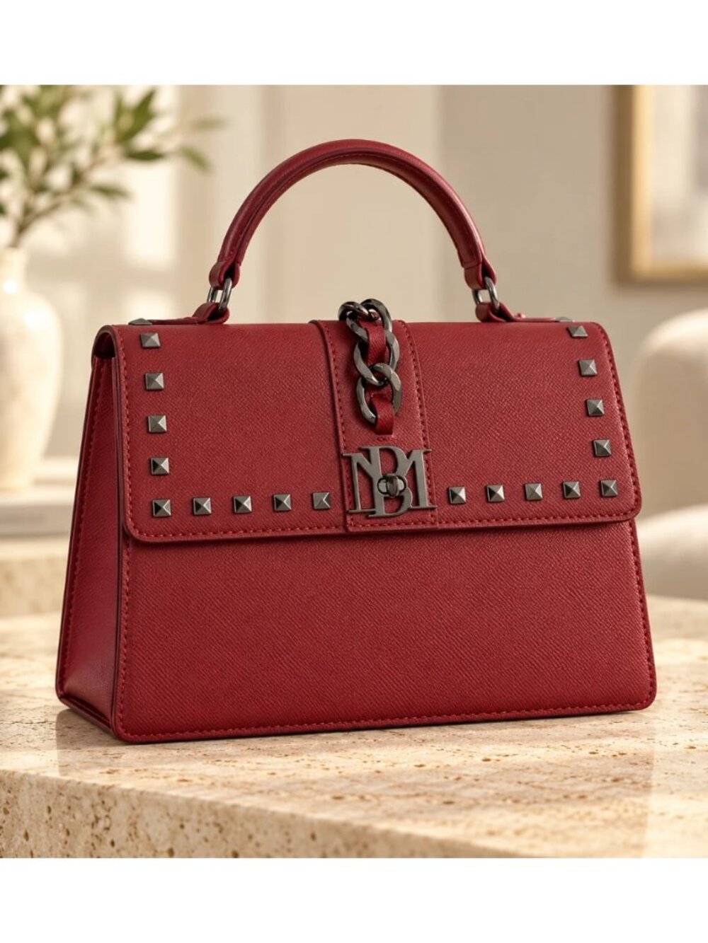Badgley Mischka BM-4179 Wine Studded Chain Letter Lock Crossbody Bag NWT